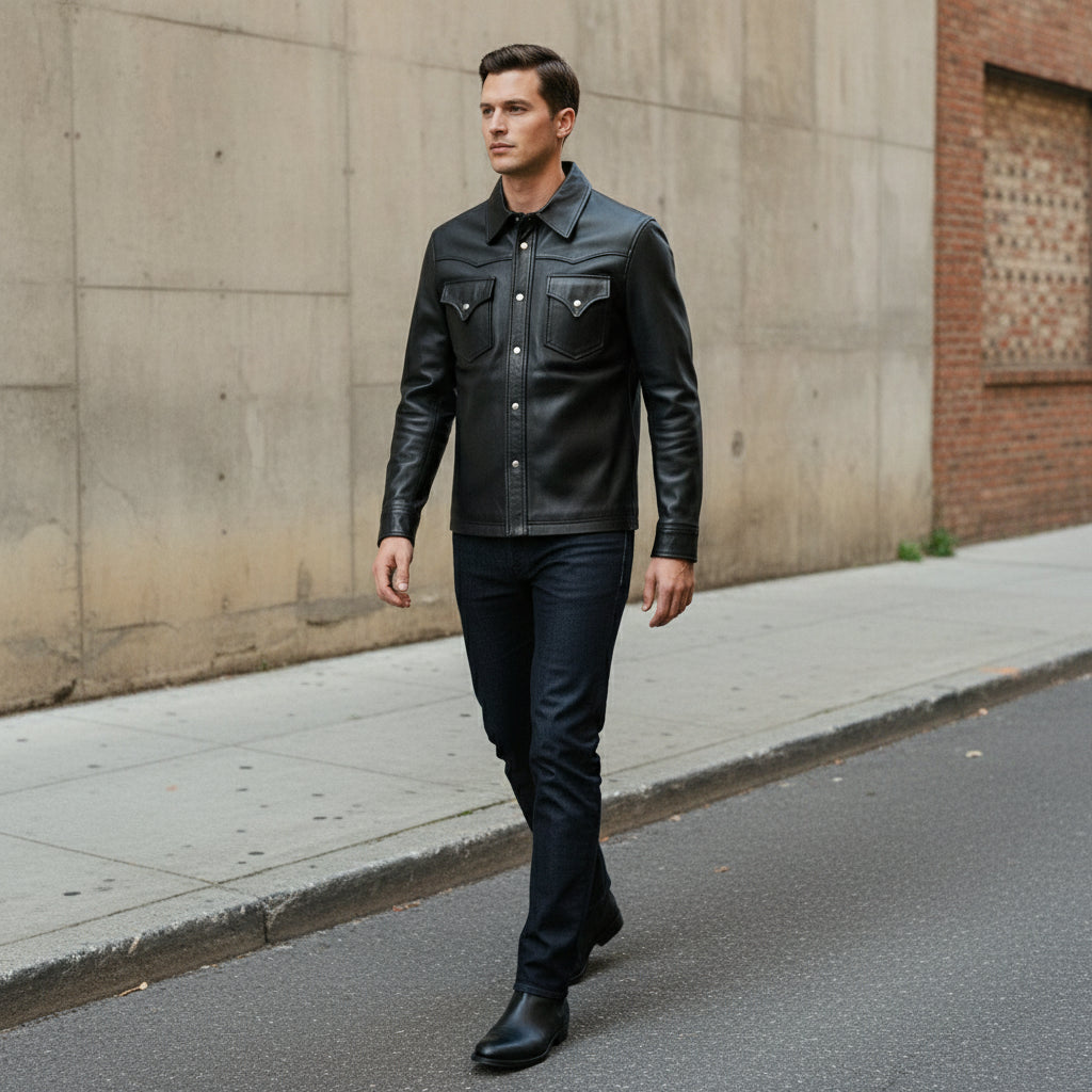 Handmade Men Black Leather Slim Fit Jacket with Cargo Pockets, Men Fashion Jackets