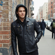 Handmade Biker Motorcycle Winter Hooded Leather Jacket, Men Hooded Jacket