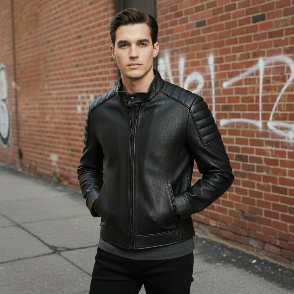 Handmade Men Black Sheep Leather Jacket, Stand Collar Motorcycle Jacket