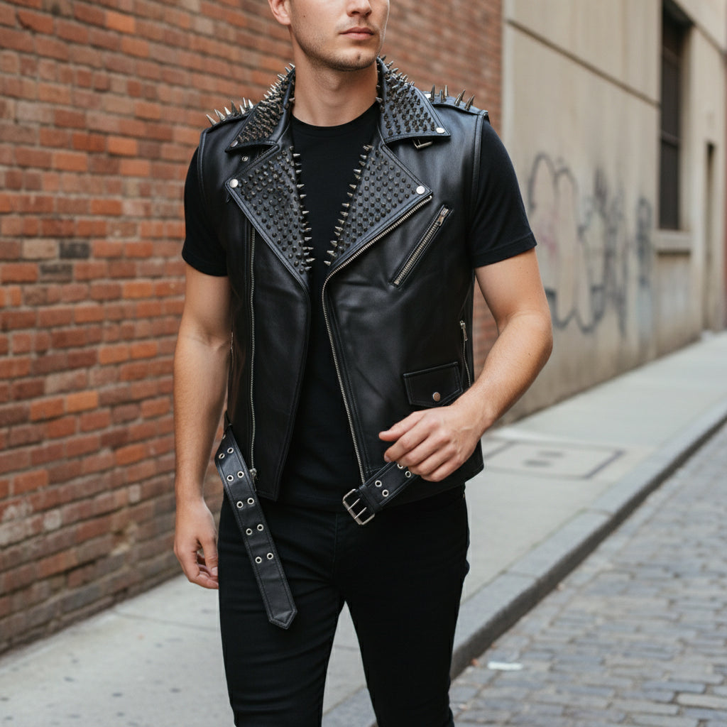 Handmade Men's Leather Vest  Jacket with Studs, Motorcycle vest for men