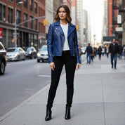 Handmade Women Blue Biker Leather Jacket, Women Leather Jacket, Motorcycle Jacket