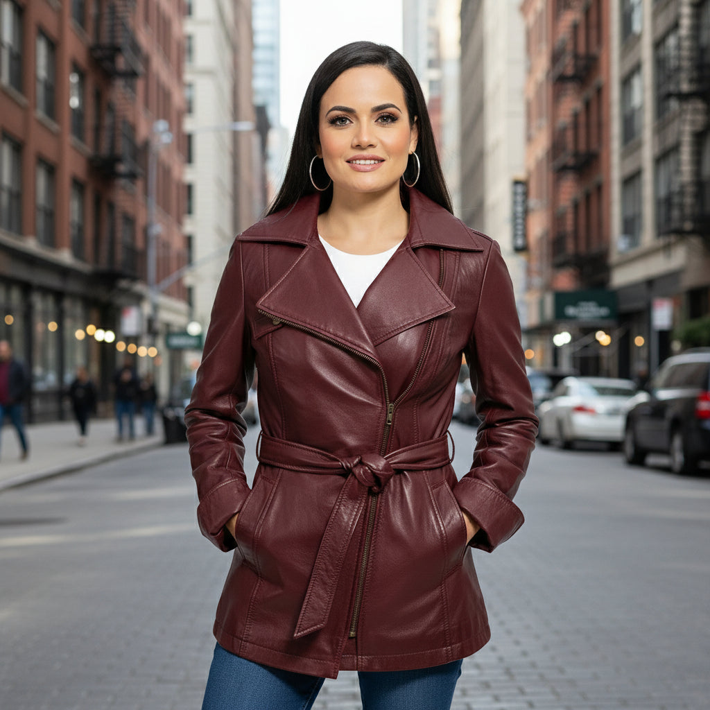 Women's Gothic Ox Blood Dyed Leather Jacket, Women's Stylish Leather Trench Coat