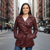 Women's Gothic Ox Blood Dyed Leather Jacket, Women's Stylish Leather Trench Coat