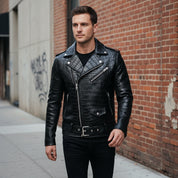 Handmade Men Black Crocodile Biker Leather Jacket,  Motorcycle Jacket