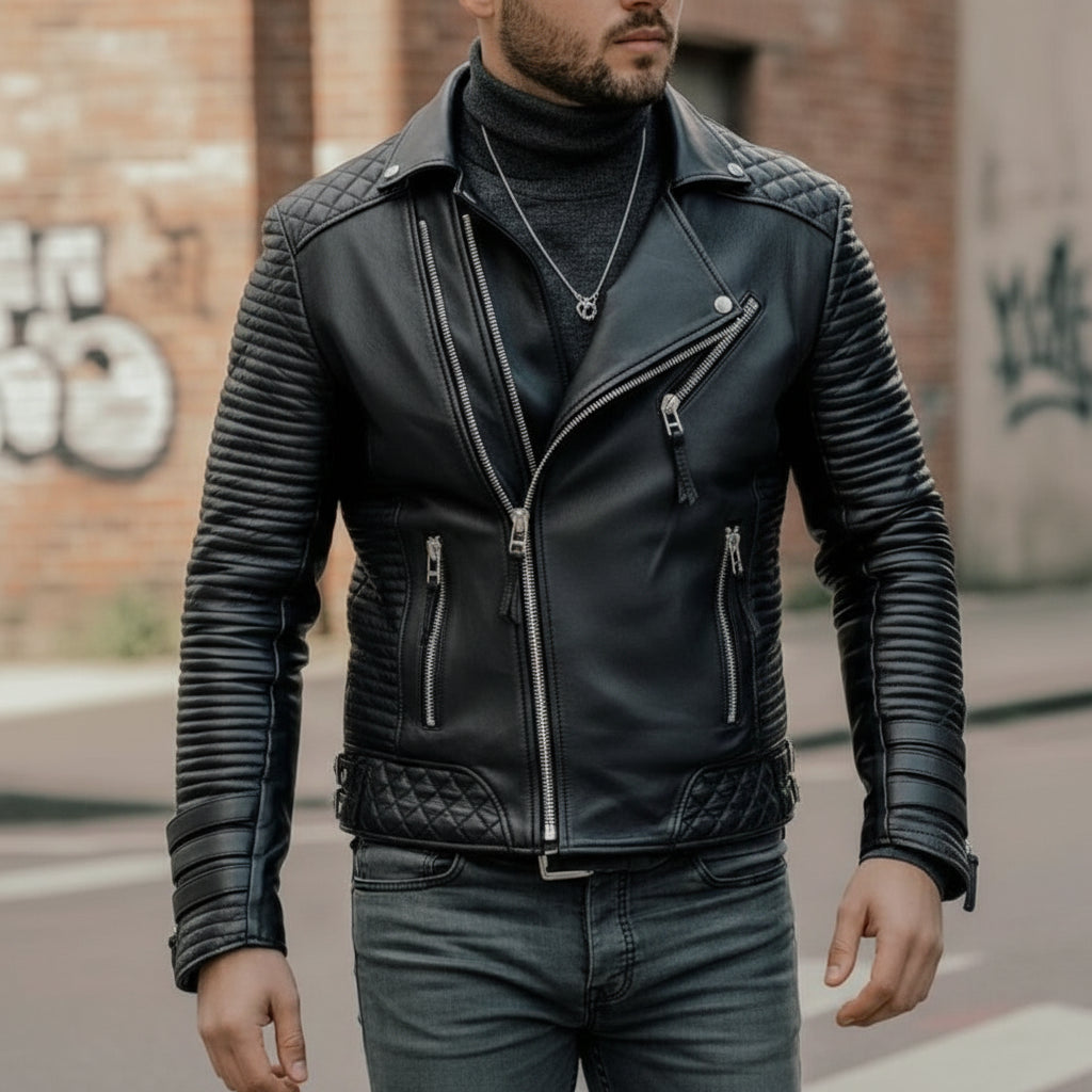 Handmade Men's Black Biker Leather Jacket, Genuine Leather Motorcycle Jacket