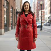 Luxurious Women's Long Fire Red Steampunk Jacket, Premium Lambskin Leather Trench Coat for Women