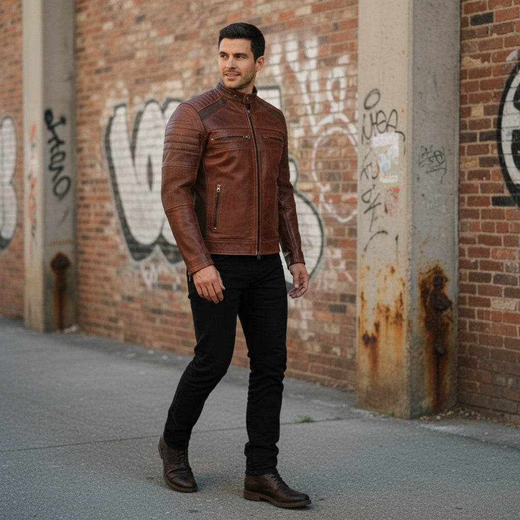Men's Brown Distressed Leather Cafe Racer Jacket