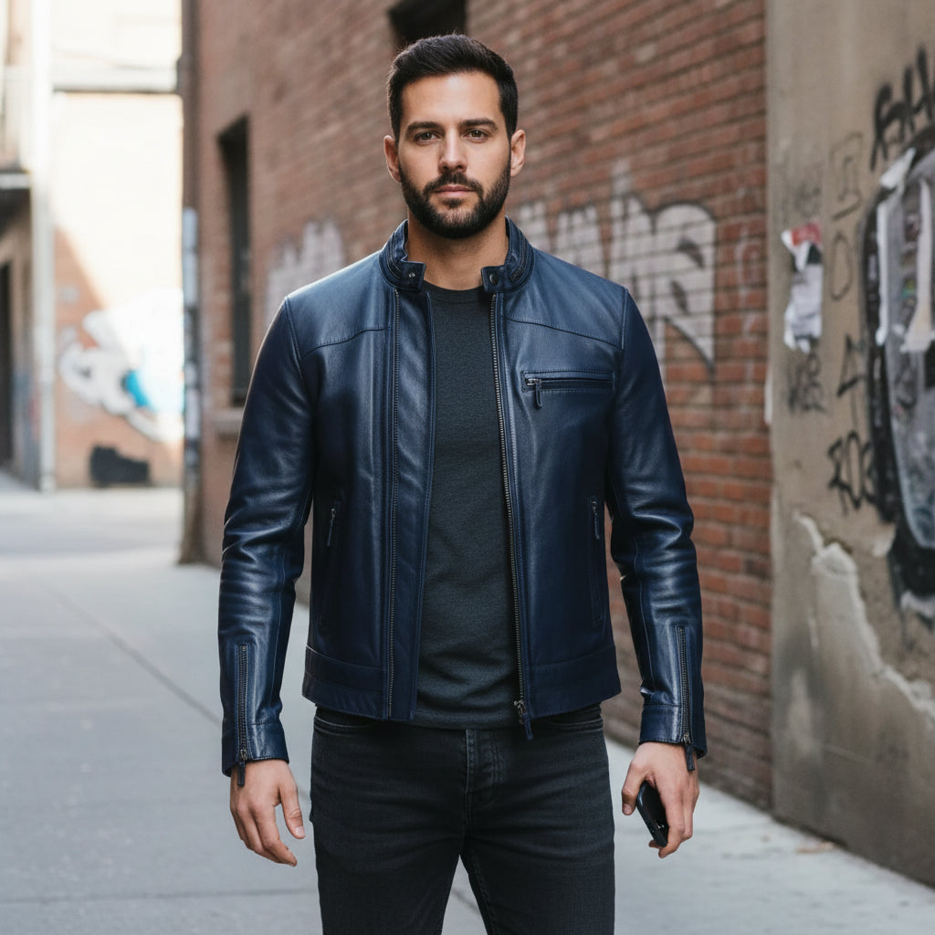 Handmade Men Navy Blue Biker Leather Jacket, Blue Motorcycle Jacket, Jacket for Men