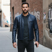Handmade Men Navy Blue Biker Leather Jacket, Blue Motorcycle Jacket, Jacket for Men