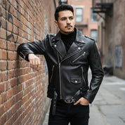 Handmade Men Black Multi Pocktes Biker Leather Jacket, Black Motorcycle Jacket