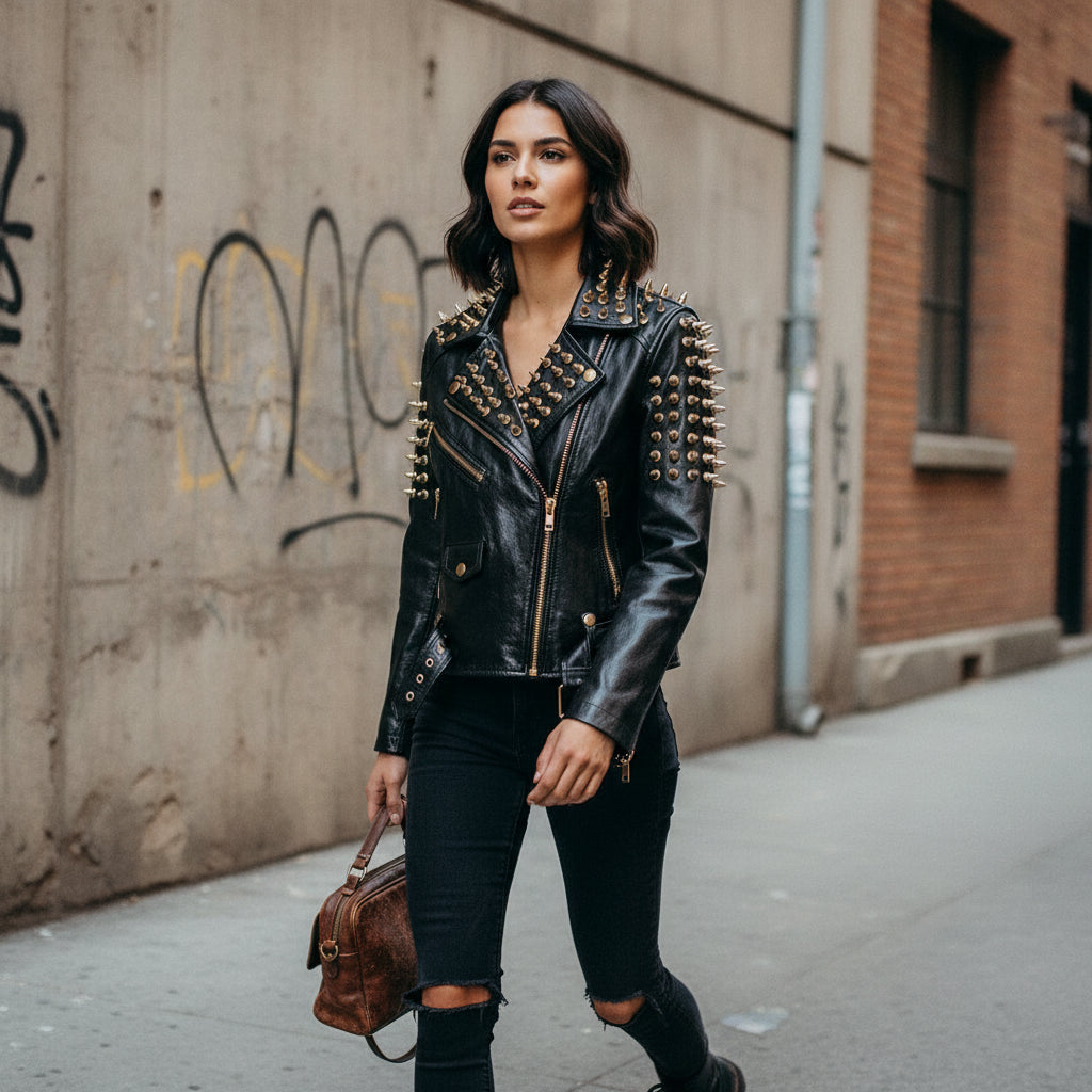 Women's Black Full Golden Spiked Studded Brando Leather Jacket