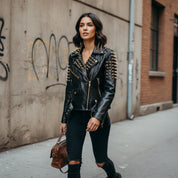 Women's Black Full Golden Spiked Studded Brando Leather Jacket