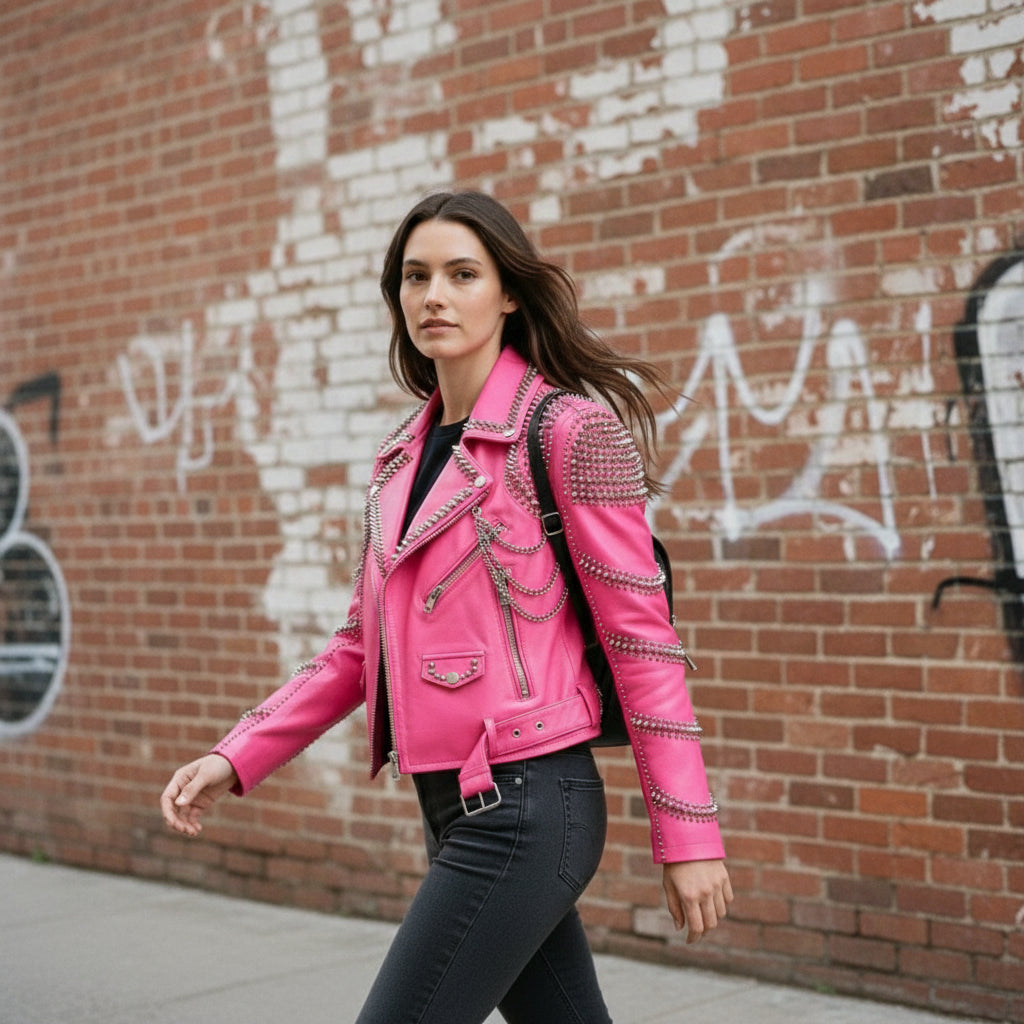 Handmade Women Pink Punk Style Jacket, Leather Gothic Rivet Rock Jacket