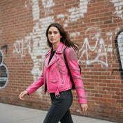 Handmade Women Pink Punk Style Jacket, Leather Gothic Rivet Rock Jacket