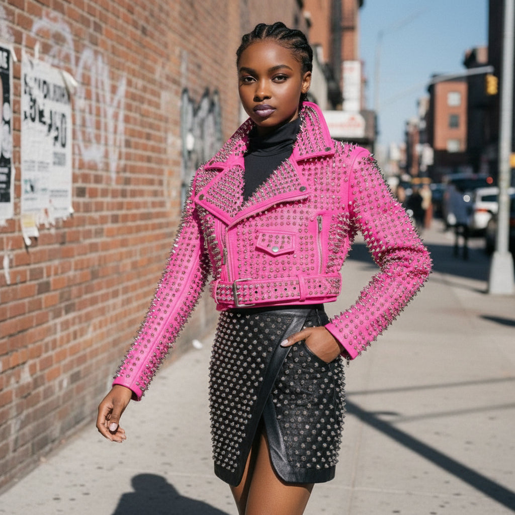 Women's Hot Pink Studded Full-Grain Leather Moto Jacket