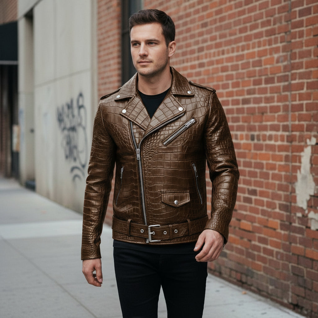 Men's Brown Crocodile Embossed Biker Leather Jacket