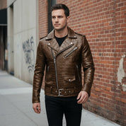 Men's Brown Crocodile Embossed Biker Leather Jacket