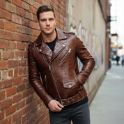Men's Cognac Crocodile Embossed Biker Leather Jacket