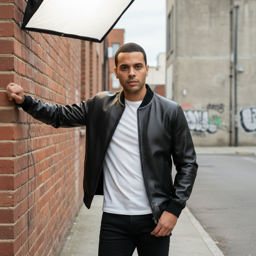 Men's Black Leather Bomber Jacket