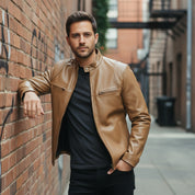 Men's Tan Leather Biker Jacket