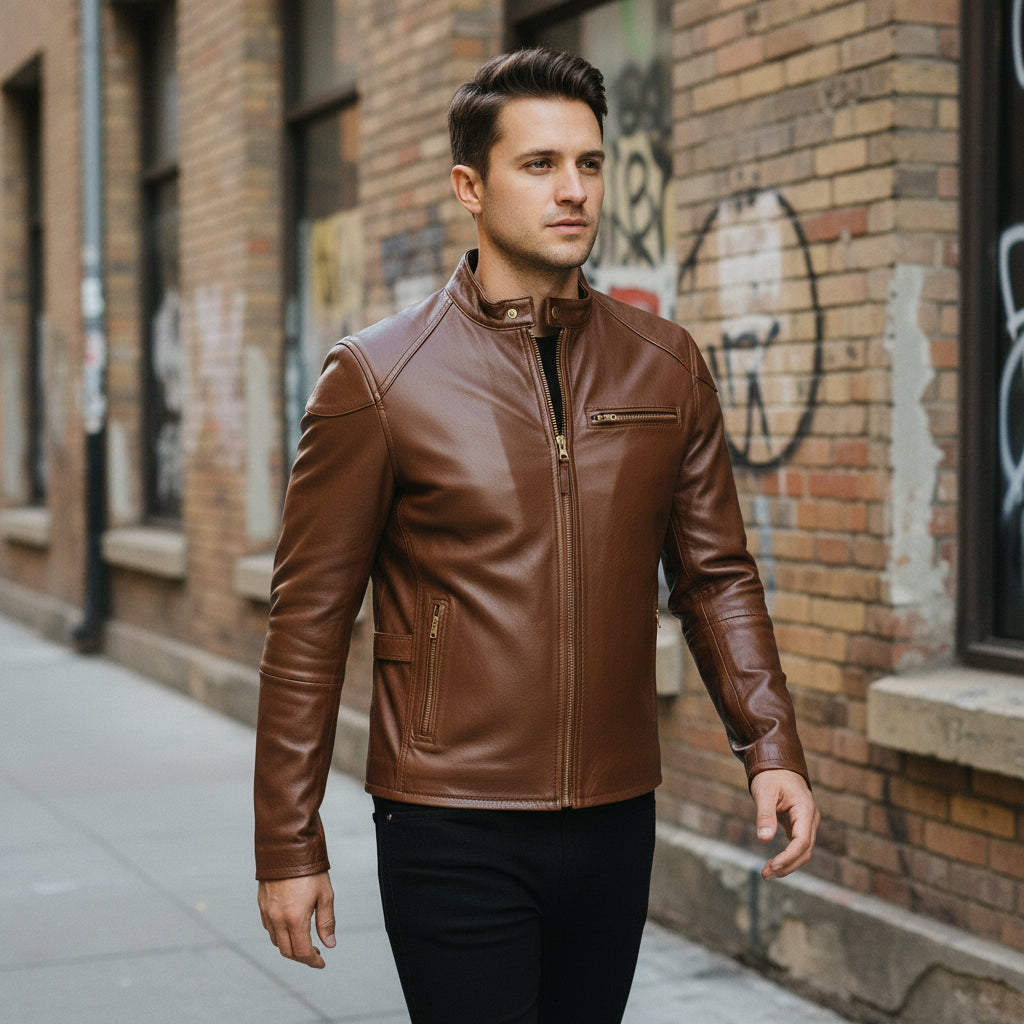 Men's Brown Slim Fit Leather Biker Jacket