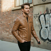 Men's Tan Slim Fit Leather Biker Jacket