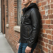 Men's Black Hooded Leather Biker Jacket