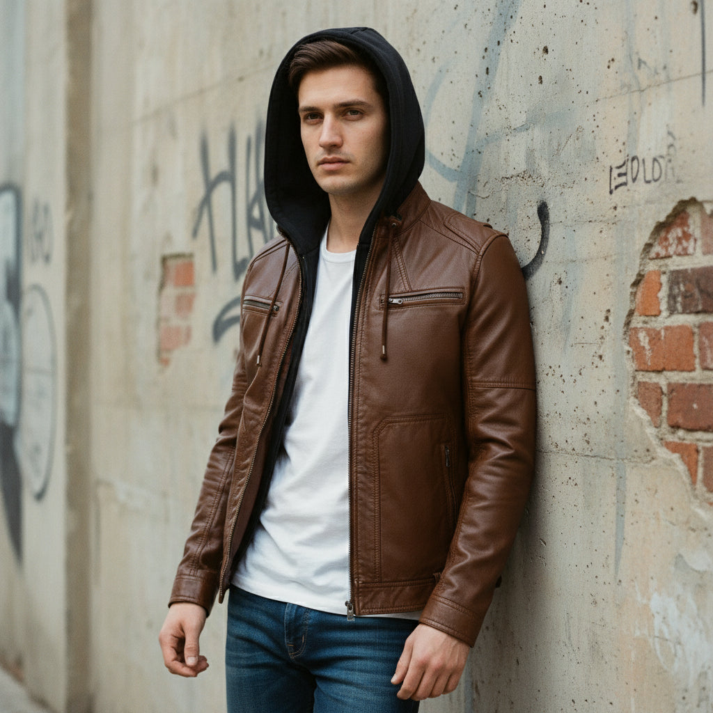 Men's Brown Hooded Leather Biker Jacket
