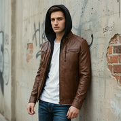 Men's Brown Hooded Leather Biker Jacket