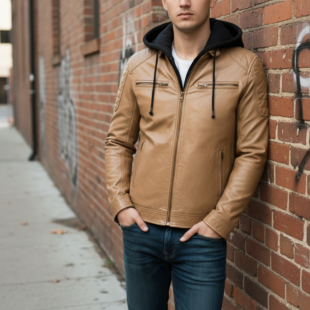 Men's Tan Hooded Leather Biker Jacket