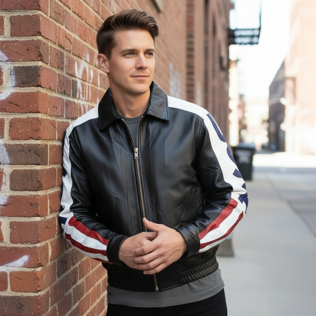 Men's Black USA Flag Leather Biker Jacket