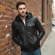 Men's Black Hooded Leather Biker Jacket