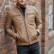 Men's Tan Slim Fit Leather Biker Jacket