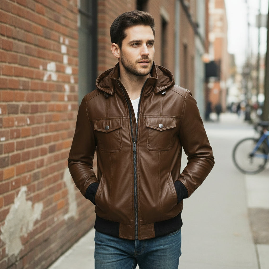 Men's Brown Hooded Leather Biker Jacket