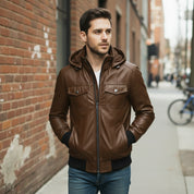 Men's Brown Hooded Leather Biker Jacket