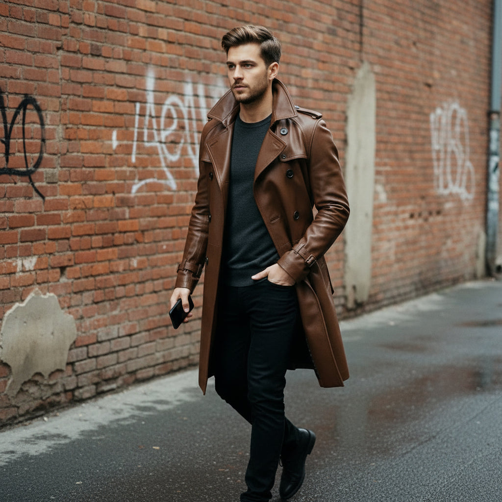 Men's Brown Leather Trench Coat