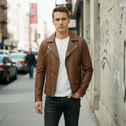 Men's Brown Studded Pebbled Leather Biker Jacket