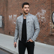 Men's Light Grey Antique Wash Leather Biker Jacket