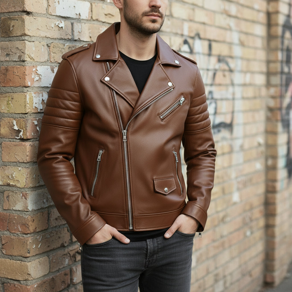Men's Brown Leather Biker Jacket