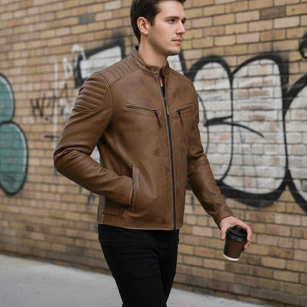 Men's Brown Antique Wash Leather Biker Jacket