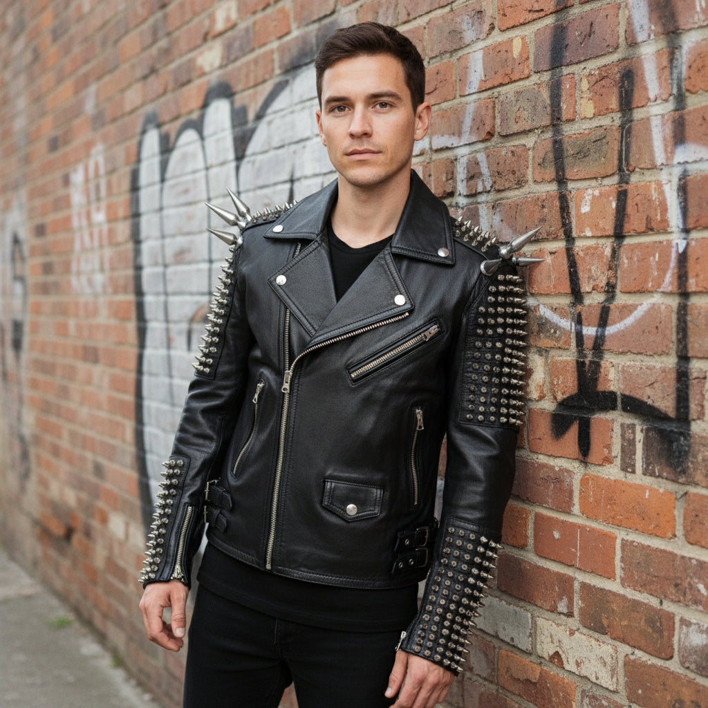 Men's Black Silver Studded Leather Biker Jacket – Rebels Market