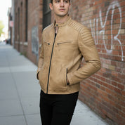 Men's Tan Antique Wash Leather Biker Jacket