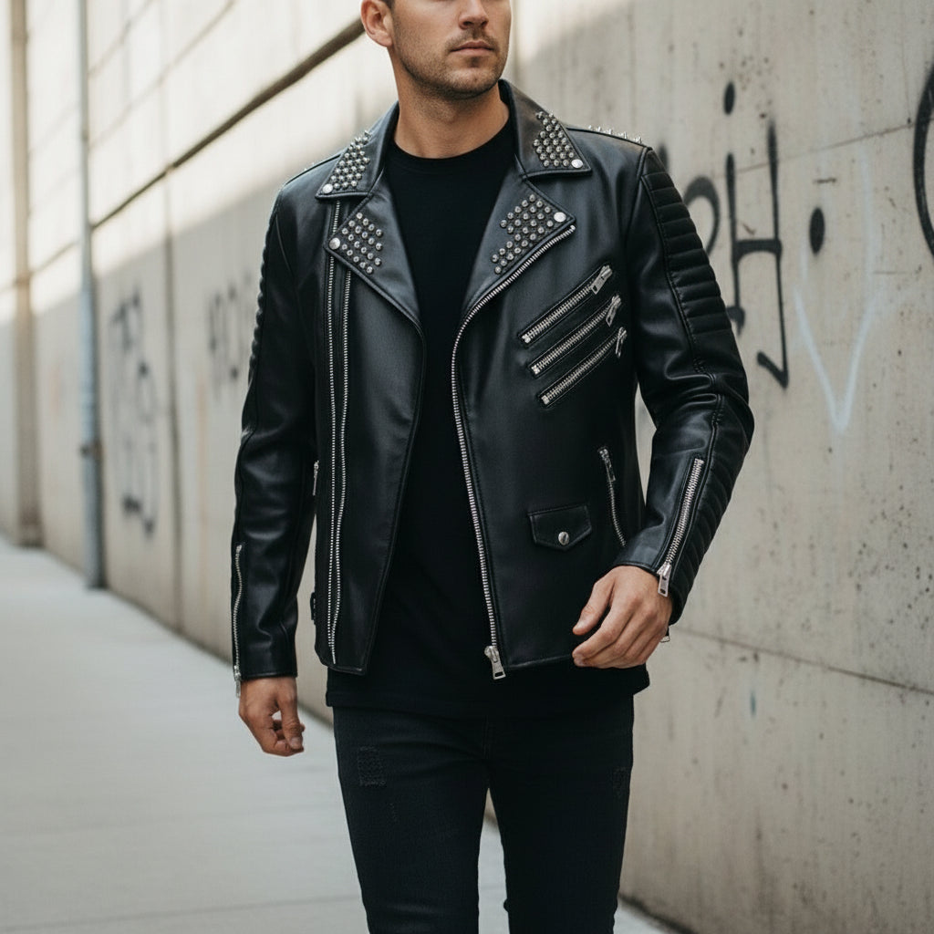 Men's Black Studded Leather Biker Jacket