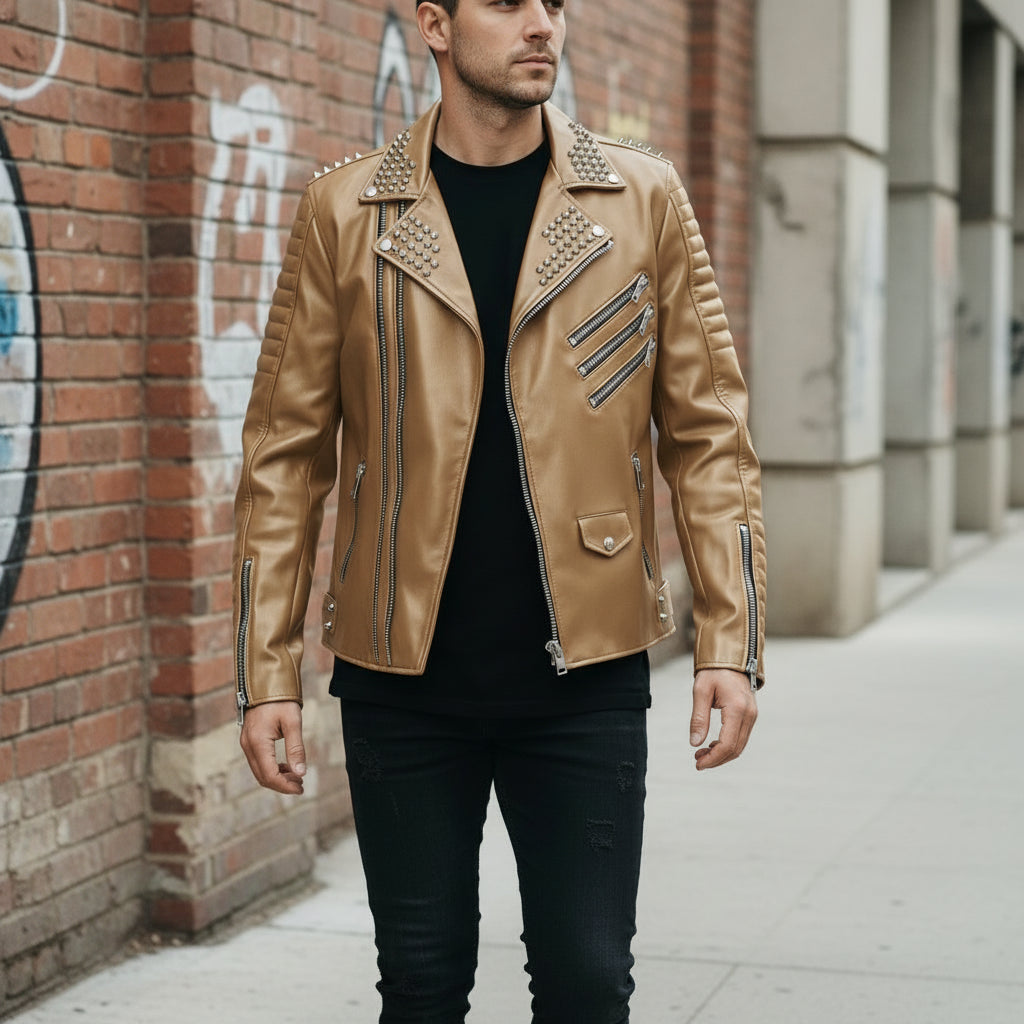 Men's Tan Studded Leather Biker Jacket