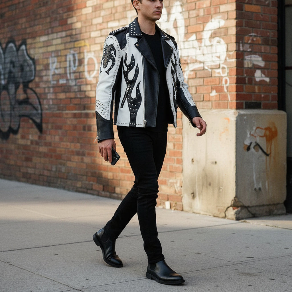 Men's Black and White Studded Leather Biker Jacket