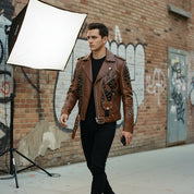 Men's Brown and Black Studded Leather Biker Jacket