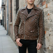 Men's Brown Silver Studded Leather Biker Jacket