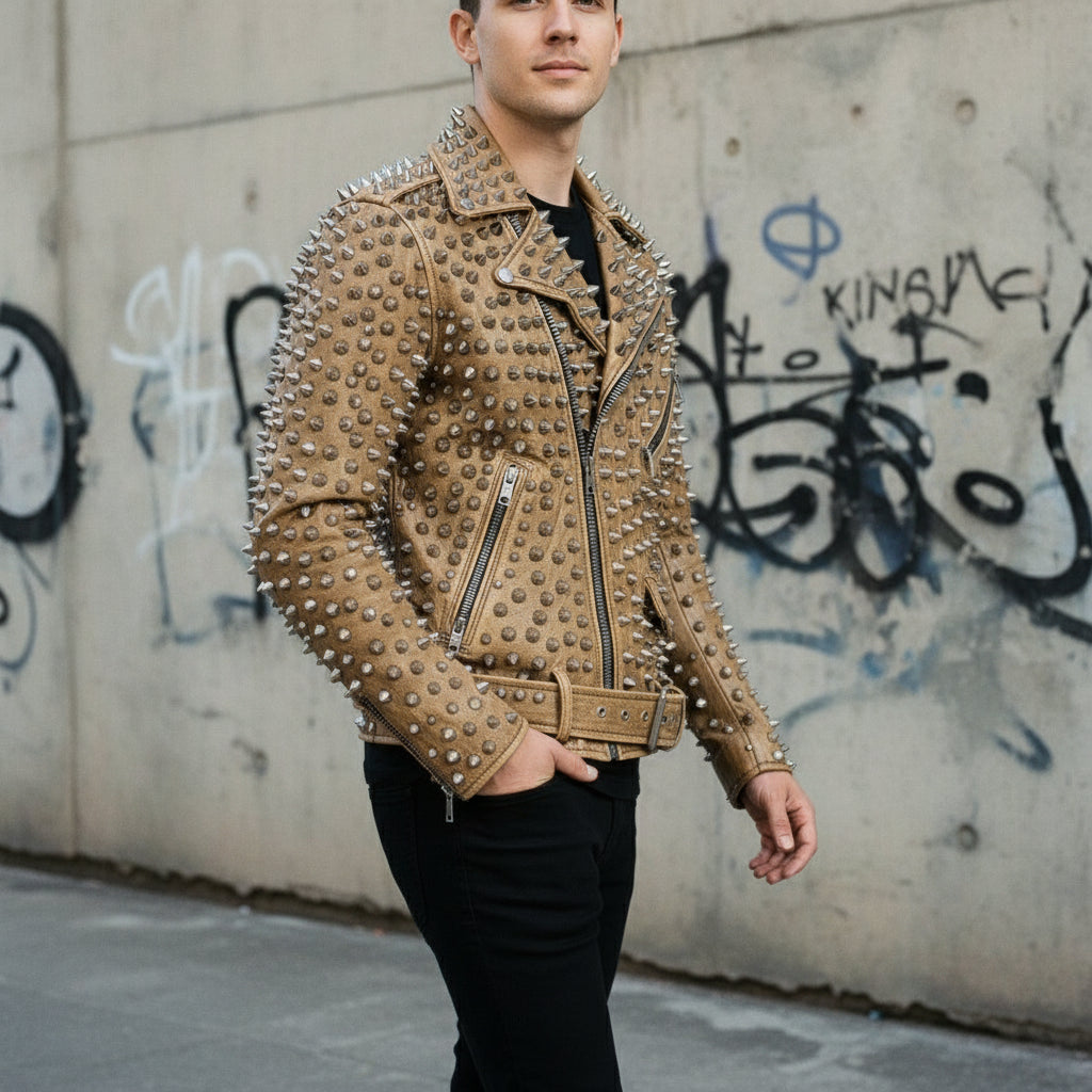 Men's Tan Silver Studded Leather Biker Jacket