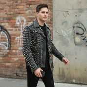 Men's Black Silver Studded Leather Biker Jacket