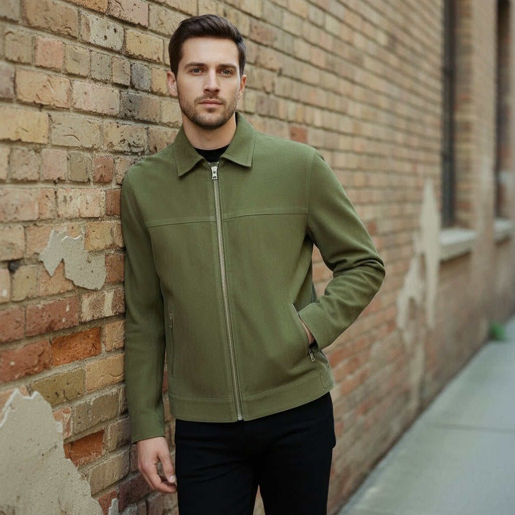 Men's Olive Green Suede Bomber Jacket
